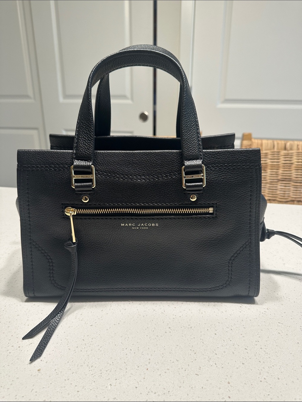 Classic Marc Jacobs Black Leather Structured Satchel with Gold Hardware